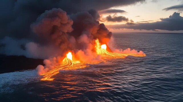 Volcanic Eruption Over Ocean at Sunset with Lava and Smoke Dynamics