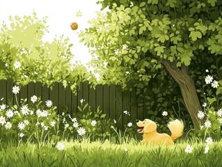 Happy Dog Playing in a Lush Garden with a Cookie in the Air