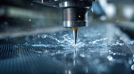Precision Machining in Action: A close-up captures the intricate process of precision machining, with the cutting tool carving through the metal while water sprays and the essence of innovation