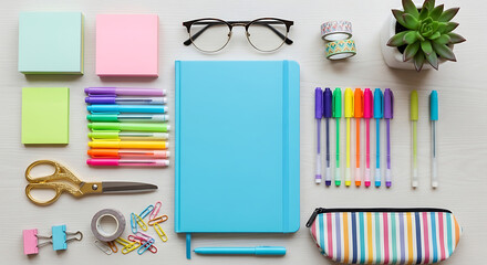 Overhead shot of a clean, white desk featuring a blue notebook, colorful pens, sticky notes, glasses, a succulent, and a pencil case, creating a bright and organized workspace isolated on white backgr