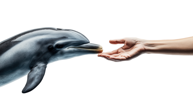 Dolphin interacting with human hand, isolated.