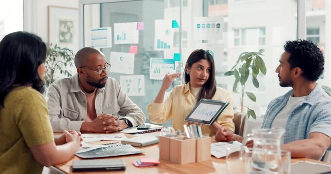 Tablet screen, meeting and project with business woman for speaker, fundraising growth or grant charts. Online report, donor presentation and nonprofit analyst with people in ngo agency for feedback
