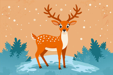 Stylized Winter Deer Illustration with Antlers on Textured Orange Background