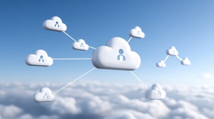 Cloud computing concept with interconnected clouds and user icons against a blue sky.