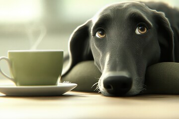 Relaxed Black Dog Near Warm Cup of Coffee on Cozy Table Setting