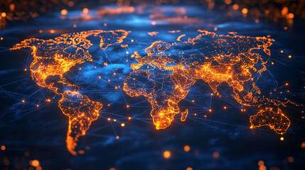 World map glowing with blue light network connections, symbolizing global communication, digital connectivity, technology, and the interconnected future of data and innovation.