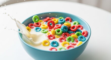 A bowl of colorful cereal with milk splashing out.