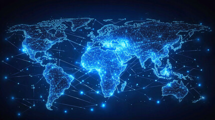 World map glowing with blue light network connections, symbolizing global communication, digital connectivity, technology, and the interconnected future of data and innovation.