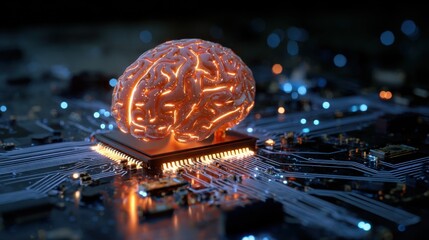 Futuristic Brain Design on Circuit Board Representing Artificial Intelligence and Technology Innovation