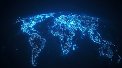 World map glowing with blue light network connections, symbolizing global communication, digital connectivity, technology, and the interconnected future of data and innovation.