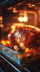A golden-brown turkey slowly roasts in an oven, filling the air with delicious aromas as families prepare for a joyful Thanksgiving dinner at home