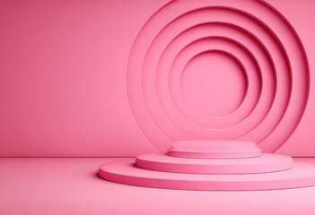 Obraz premium Minimalist, pink backdrop with a circular stage, concentric rings, and a podium, showcasing space