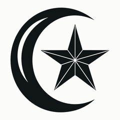 Black colour Crescent moon and star silhouette vector illustration, solid white background (2).eps