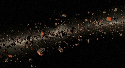 Asteroid belt with rocky fragments floating in dark space  