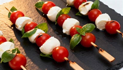 Caprese skewers lined on a slate board—cherry tomatoes, fresh mozzarella, and basil leaves stacked on picks, a bright, simple Italian appetizer.
