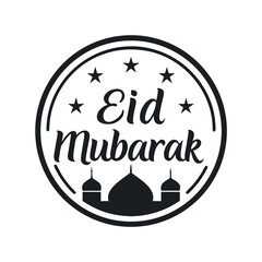 Black colour Eid Mubarak typography with mosque silhouette vector illustration, solid white background (5).eps