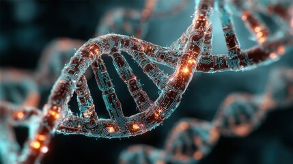 Futuristic Illustration of DNA Strand with Glowing Circuit Board Elements and Neon Colors in an Abstract Background