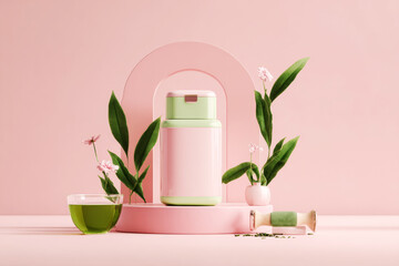 A vibrant skincare bottle stands on a pastel pink surface, surrounded by fresh greenery and a cup of green tea, creating a calming and inviting aesthetic for skincare enthusiasts