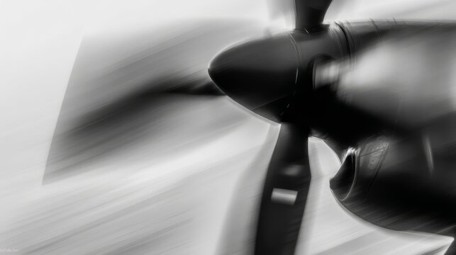 Dynamic black and white shot of an aircraft propeller in motion with streaks of light,