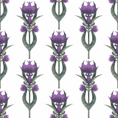 Seamless simple botanical print on white background, hand drawn. Seamless watercolor pattern with stylized purple flowers and green leaves on a white background