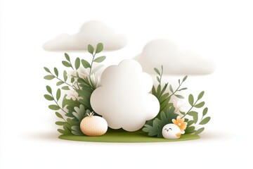 Whimsical Nature Scene with Clouds, Plants, and Cute Elements