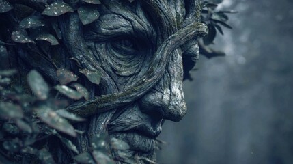 The Green Man in a Mystical Forest: A captivating portrayal of the Green Man, a symbol of nature and rebirth, his face intricately carved from aged wood and adorned with leaves.
