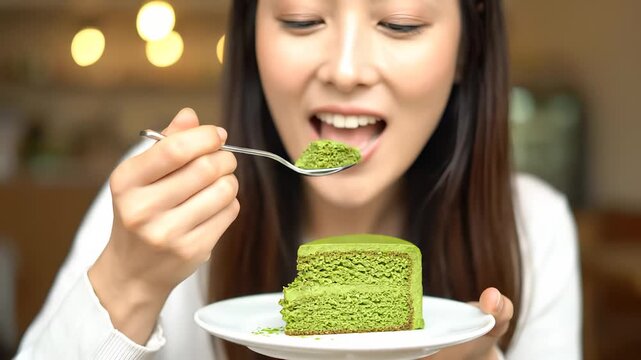 A woman holds a plate with green cake and a spoon while enjoying the green cake in a cozy room. The woman prepares to taste the green cake leisurely indoors.