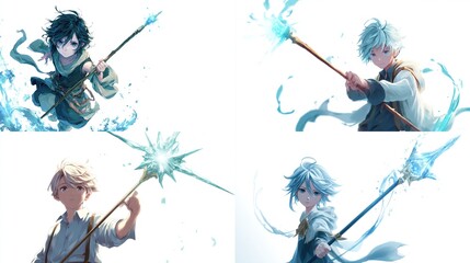 Four anime-style youths wield staffs or spears, conjuring icy blue energy against a stark white background