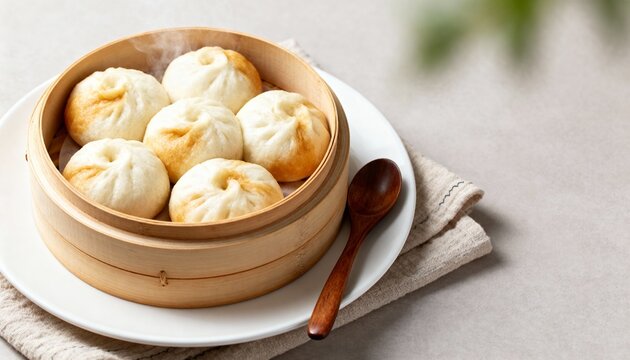 Fluffy steamed bao buns in a bamboo steamer on a warm wood table&mdash;soft, cloud-like dim sum ready to serve.
