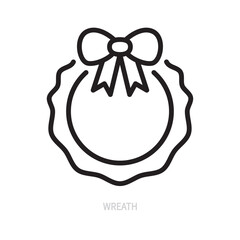 Christmas wreath with bow line icon. Holiday symbol. Decoration element. New Year, holiday, festive concept. Isolated on a white background. Flat design. Editable stroke. Vector illustration.