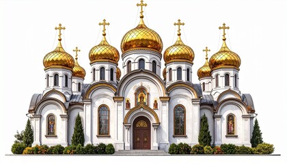 A realistic orthodox church with onion domes, golden crosses, and decorative walls isolated on white background

