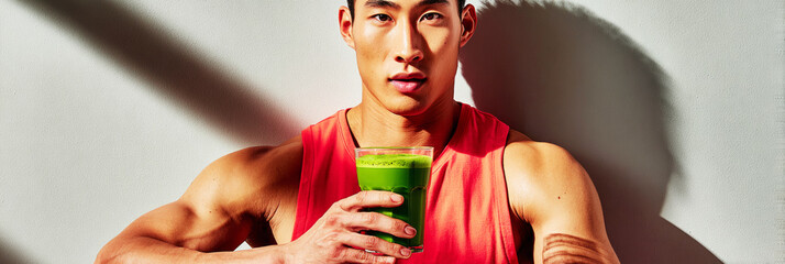 An Asian man stands relaxed against a wall, savoring a refreshing matcha drink post-workout. His muscular arms highlight his dedication to fitness and wellness, banner
