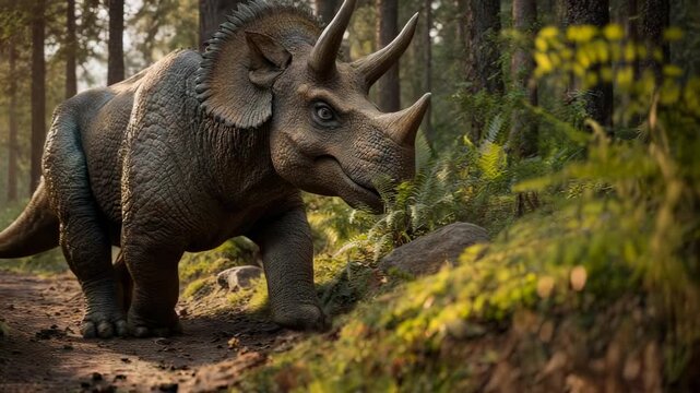 A majestic Triceratops strolling through a sun-dappled forest, a captivating scene of prehistoric life