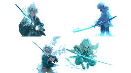 Four digital illustrations of a male character with white hair and glowing blue energy swords in dynamic poses