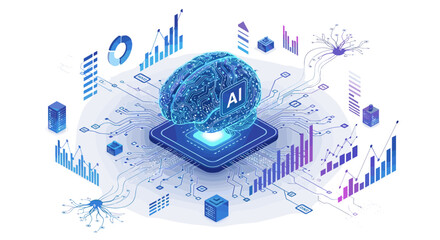 Vector art of artificial intelligence brain with digital network and data analytics