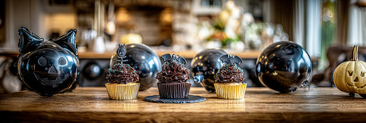 Delicious Halloween-themed desserts are displayed at a festive party. The table is adorned with black and gold balloons, creating a spooky and inviting atmosphere, banner