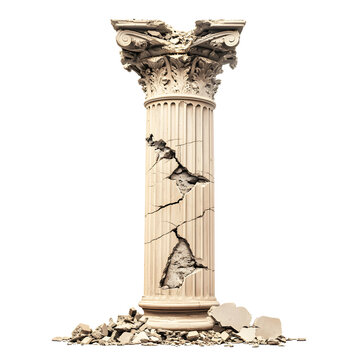 Damaged Classical Column with Debris Isolated on White Background