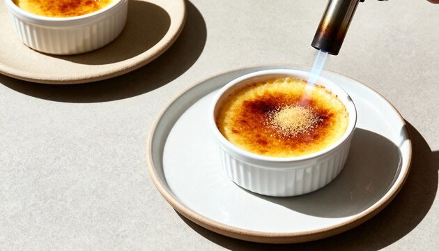 Torch-caramelized cr&egrave;me br&ucirc;l&eacute;e in a white ramekin, sugar blistering to a glassy crust under a blue flame&mdash;elegant French dessert.
