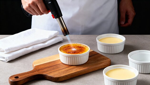 Torch-caramelized cr&egrave;me br&ucirc;l&eacute;e in a white ramekin, sugar blistering to a glassy crust under a blue flame&mdash;elegant French dessert.
