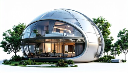A realistic futuristic dome house with glass panels, metallic structure, and rounded shape isolated on white background
