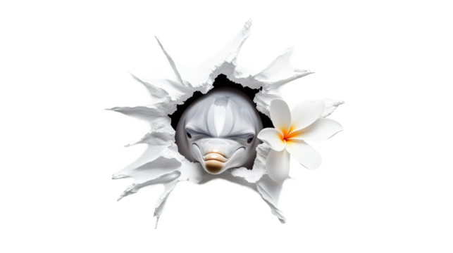 Dolphin with flower and torn paper on a transparent background