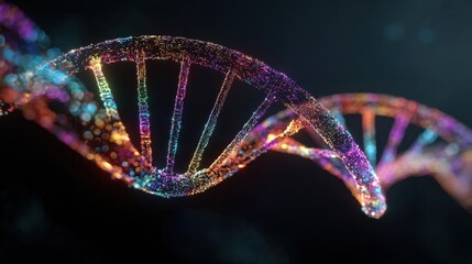 Vibrant Illustration of a Colorful DNA Helix with Sparkling Particles in a Dark Background