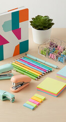 Still life arrangement of office and school supplies on a neutral surface, featuring a geometric patterned notebook, succulent plant, staplers, pencils, paper clips, and sticky notes, creating a moder