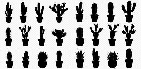 A collection of black silhouette icons featuring various potted cacti and succulent plants in different shapes and sizes.