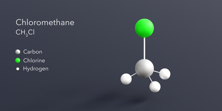 chloromethane molecule 3d rendering, flat molecular structure with chemical formula and atoms color coding