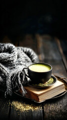 A black cup filled with vibrant matcha tea sits atop an open book, next to a soft knitted scarf. The rustic wooden table and dim lighting create a cozy atmosphere for winter relaxation