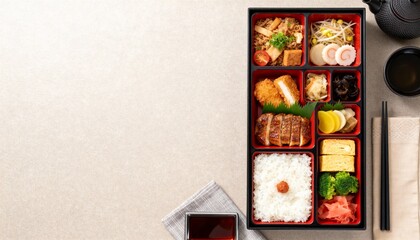 Colorful Japanese bento with rice, tempura, tamagoyaki and sides in a lacquered box—balanced lunch shot top-down on a neutral background.
