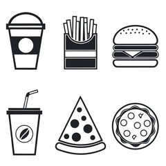 Coffee, Fast food, Burger, Pizza, Fries, Drink, Juice, Tea, Cup, Food icon, Cafe black and white (8).eps