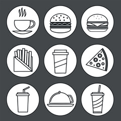 Coffee, Fast food, Burger, Pizza, Fries, Drink, Juice, Tea, Cup, Food icon, Cafe black and white icon (1).eps