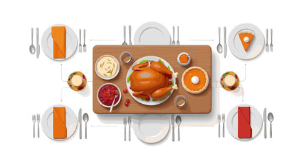 Vector art of thanksgiving dinner table setting with roasted turkey and side dishes